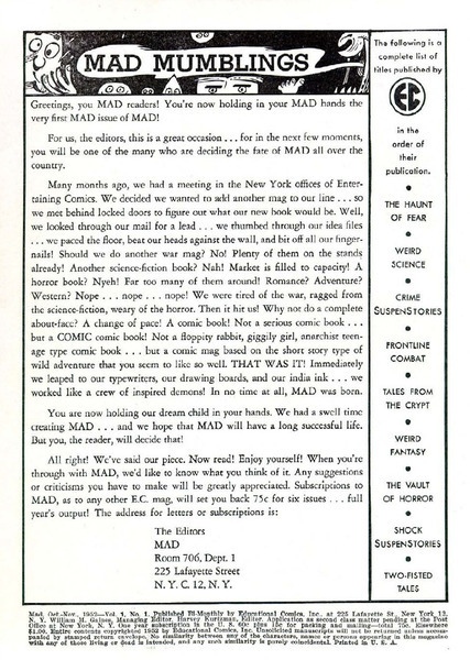 Editorial: Mad #1 (10 July 1952).  