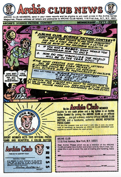 Publisher’s peritext: “Archie Club News.” Archie #268 (February 1978). 