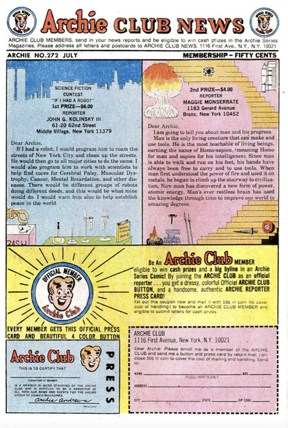 Publisher’s peritext: “Archie Club News.” Archie #272 (July 1978). 