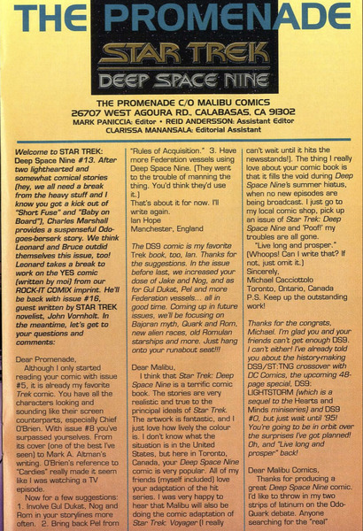 Correspondence: Star Trek Deep Space Nine #13 (August 1994). 