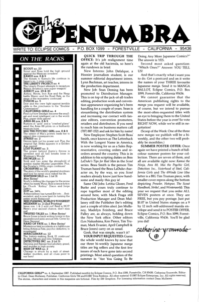 Publisher’s peritext: California Girls #4 (September 1987).