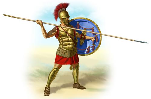 An image of a fourth century Greek hoplite, armored, and holding a long javelin.