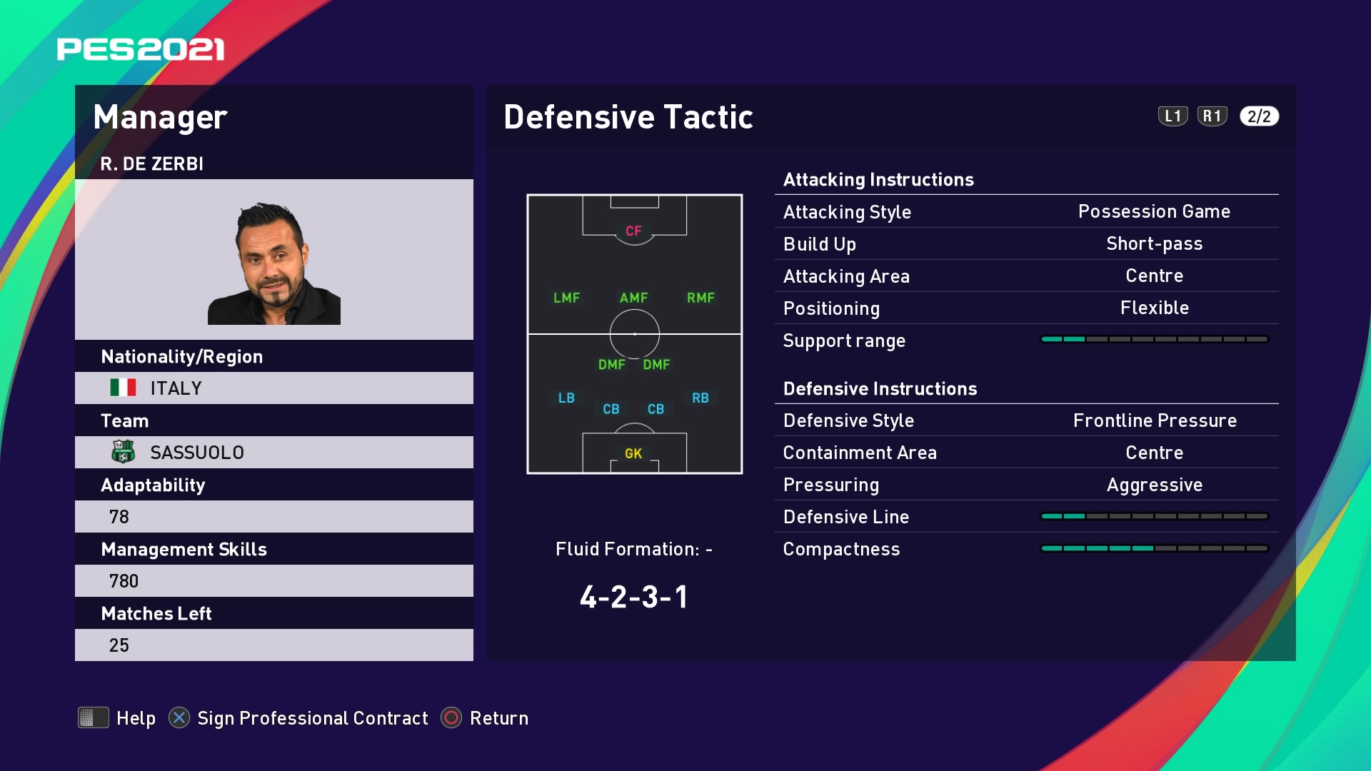 R. de Zerbi (Roberto De Zerbi) Defensive Tactic in PES 2021 myClub