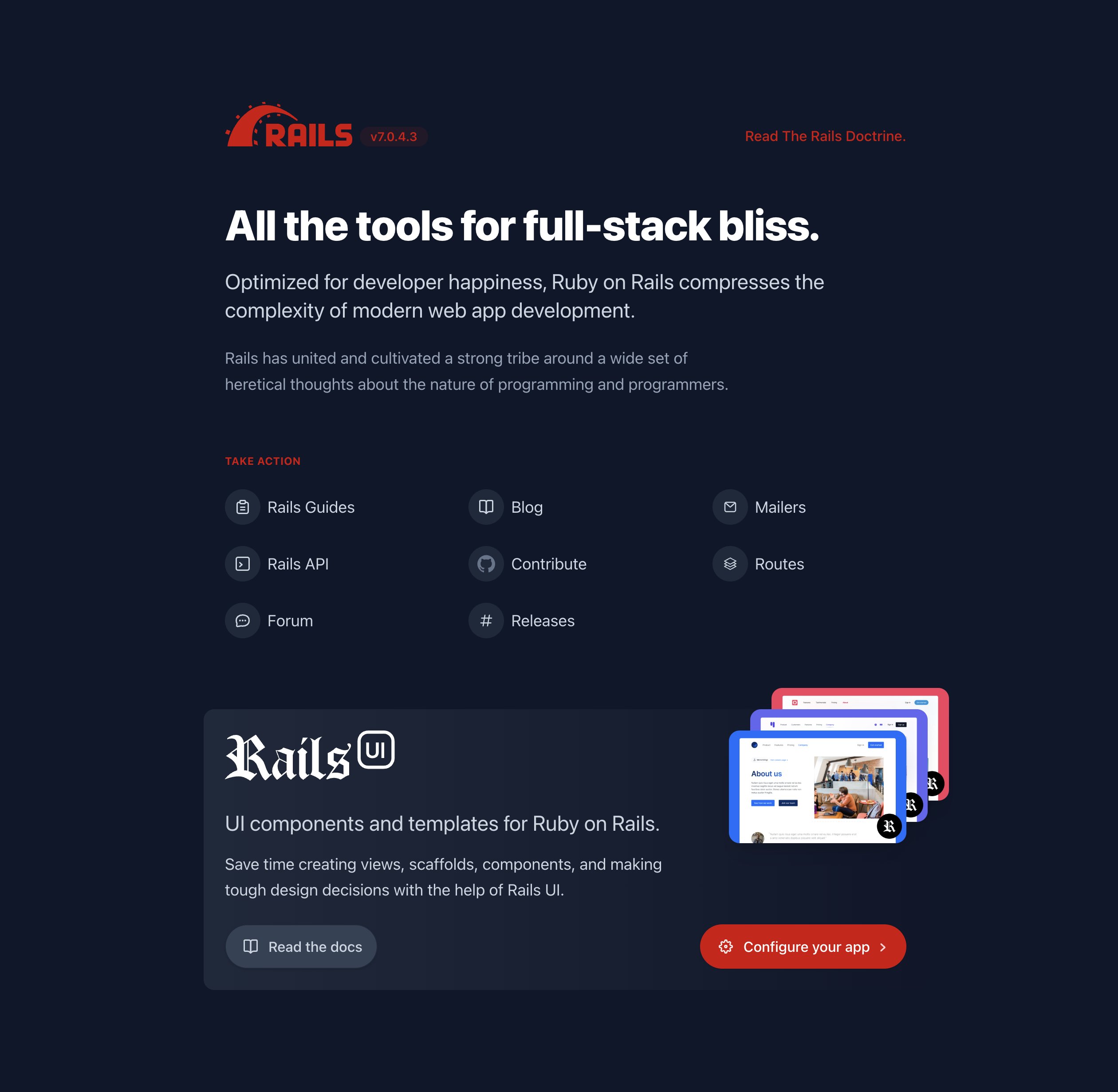 Rails UI starting page - dark mode