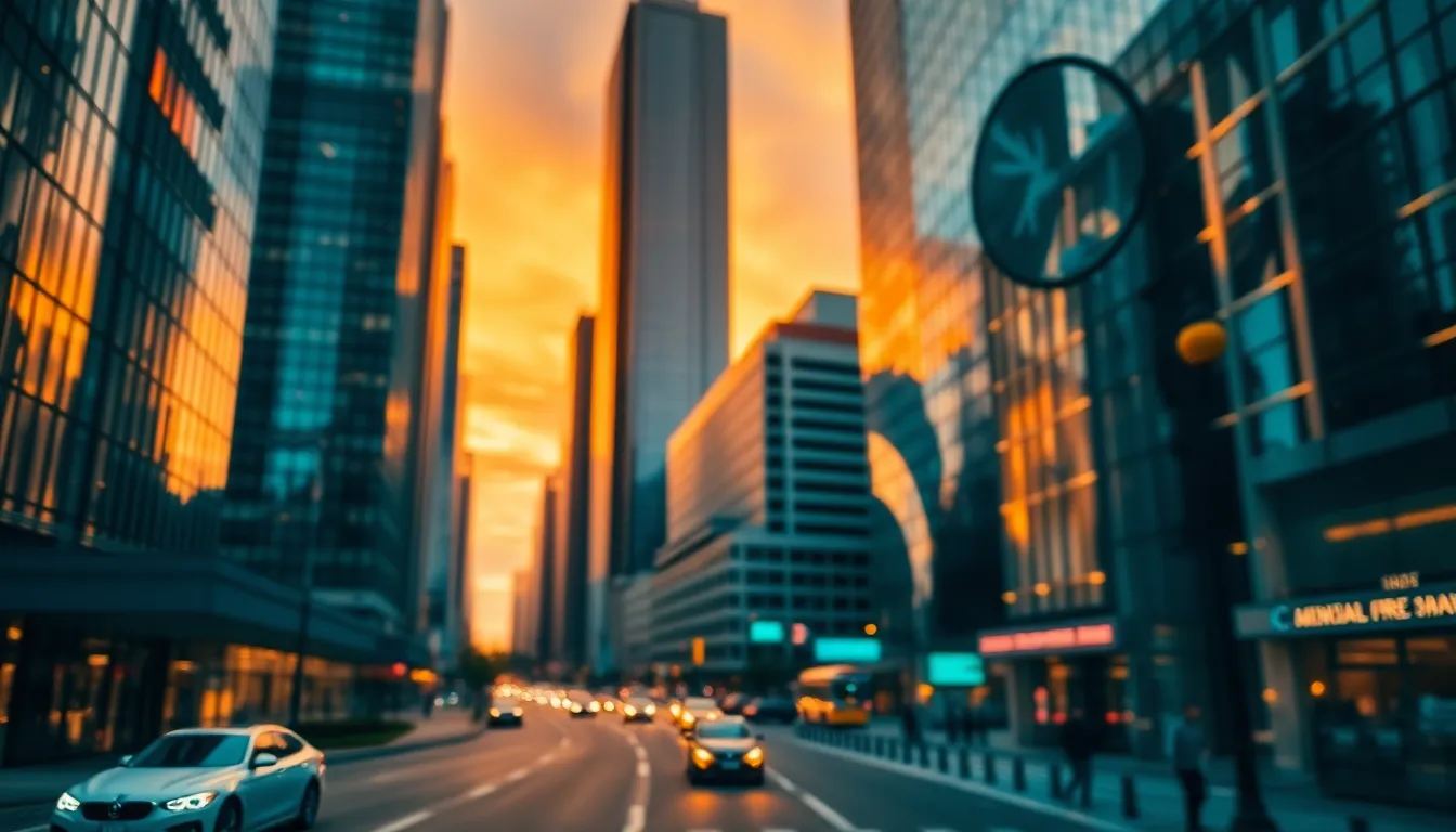 Vibrant Cityscape Embracing 5G Technology This image captures a vibrant urban scene during golden hour, highlighting the transformative impact of 5G technology. Skyscrapers glisten as the sun sets, their glass facades reflecting warm oranges and cool teals. Streets are alive with activity, showcasing the intersection of innovation and daily life. The photo invites viewers to imagine a future shaped by advanced technology, framed beautifully through leading lines that draw the eye inward.