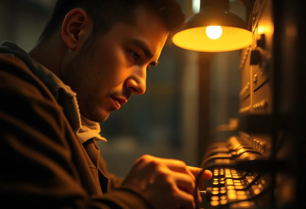 Technician Working on 5G Network Infrastructure This image brings to life the dedication of a technician working hands-on with 5G network equipment. Warm tungsten lighting creates a focused atmosphere, illuminating the intricate details of the technician's work. The shallow focus on the subject draws attention to the craftsmanship involved in developing cutting-edge technology. The scene conveys a sense of professionalism and commitment, framed with an engaging composition that emphasizes the human effort behind technological progress.