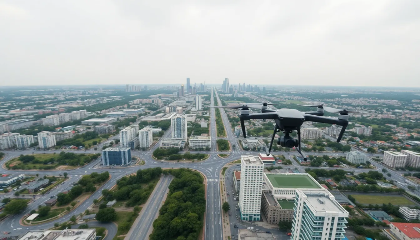 Drone View of a Smart City with 5G This aerial view captures a smart city integrating 5G technology into its landscape. The overcast lighting ensures a soft, even exposure that reveals the intricate layout of urban life. Each component—the roads, buildings, and greenery—harmoniously coexist, reflecting the advanced infrastructures enabled by 5G networks. The use of natural muted tones enhances the scene's realism, immersing viewers in the thought of a future where technology enhances everyday living.