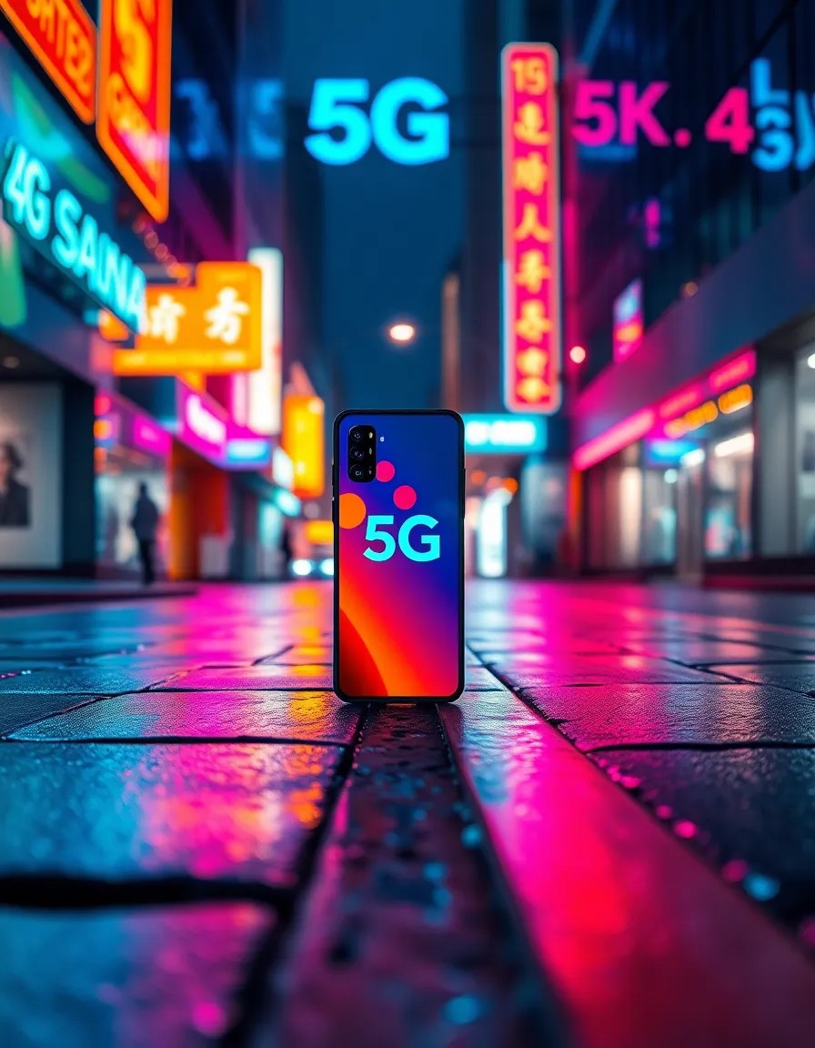 Vibrant 5G Smartphone Advertisement This visually captivating image showcases a vibrant advertisement for a 5G smartphone in an urban environment. Neon lights reflect off the wet pavement, creating a striking contrast of colors under a moody atmosphere. The shallow depth of field draws attention to the smartphone, inviting viewers to consider its advanced features. The alignment with leading lines from the ground adds dynamism to the composition, making it a perfect representation of modern technology in everyday life.