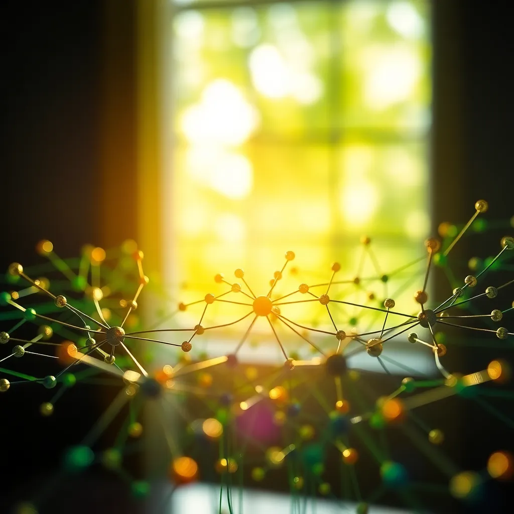 Abstract Representation of 5G Connectivity This vivid abstract image represents the intricate connectivity of 5G networks. Bright colors blend seamlessly, creating a visually striking experience reminiscent of a neural network. Dappled sunlight adds a warm glow, enhancing the intricate details of the interconnected nodes. The macro focus invites viewers to delve deeper into the layers of technological sophistication, creating a harmonious balance between color and form in a symmetrical layout.