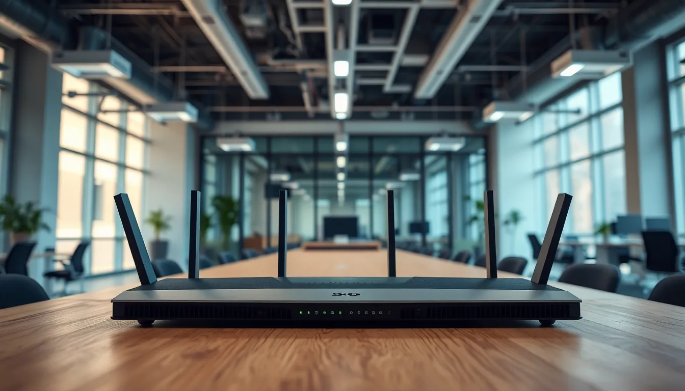 An image of a contemporary office featuring sleek 5G routers on a stylish wooden desk. The bright overcast light creates a soft, inviting atmosphere, highlighting the modern technology in use. The composition is centered and symmetrical, representing order and professionalism, with textures of the wood adding warmth. This scene embodies the integration of advanced technology into everyday workspaces.