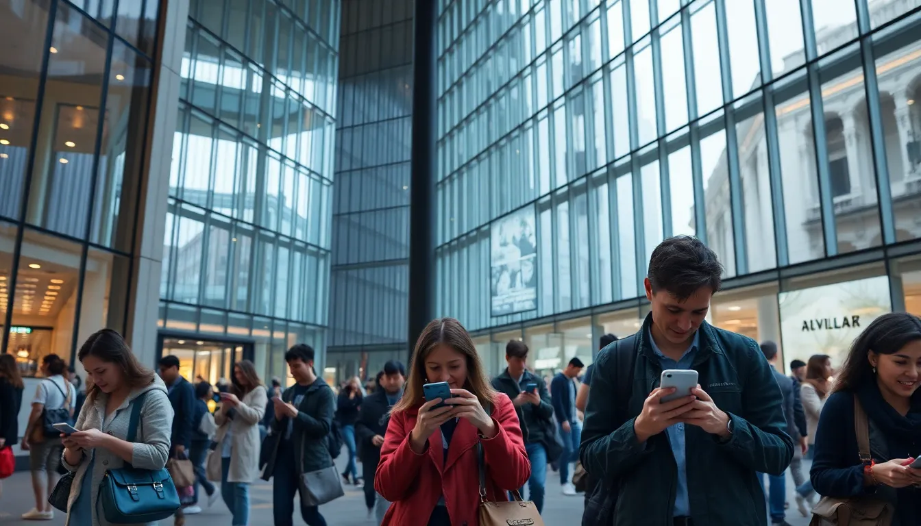 This dynamic image showcases an urban environment alive with people using 5G-connected devices. The scene is filled with natural muted tones, reflecting the clarity brought by overcast daylight. As individuals engage with their technologies, the architecture's leading lines guide the viewer's gaze through the scene. The hyperfocal sharpness captures the vibrancy of urban life, making it ideal for themes of connectivity and technology in contemporary society. It perfectly illustrates how 5G enhances communication in everyday settings.