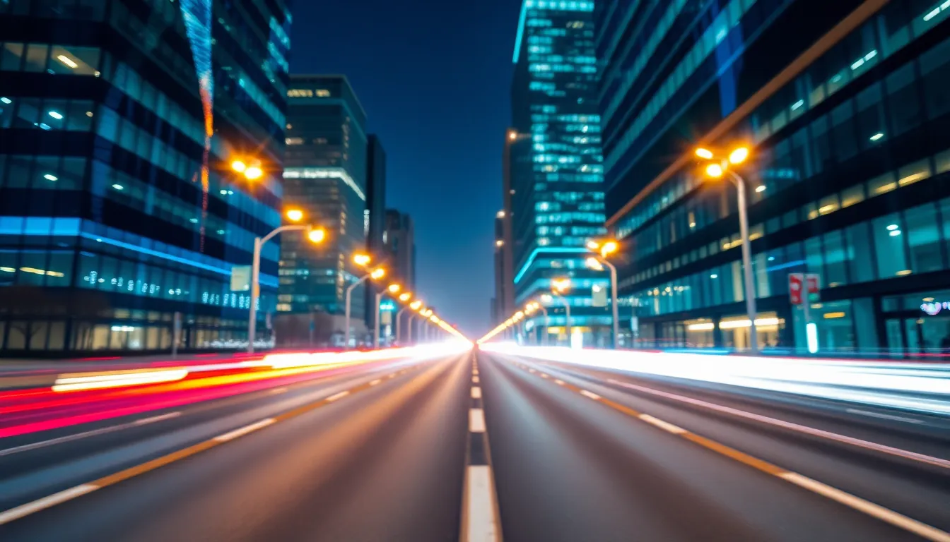 Urban 5G Network Infrastructure at Dusk The image captures a vibrant urban landscape showcasing a modern 5G network infrastructure. Towering glass buildings glisten in neon blue and green lights as dusk settles over the city. The composition draws the viewer's eye through the leading lines of the roads, highlighting the convergence of technology and architecture. The scene is complemented by a cinematic teal and orange color palette, creating a dynamic atmosphere filled with energy and innovation.