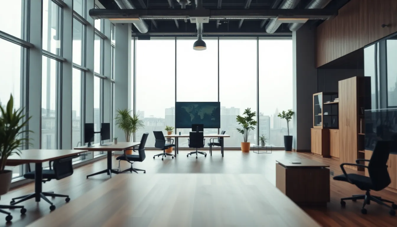An inviting office scene featuring modern 5G technology setup, illuminated by soft, diffused daylight from large windows. The composition utilizes leading lines to draw the eye through the space, while the muted color palette creates a calm atmosphere. Tactile materials like wood and metal enhance the contemporary feel of the workspace.