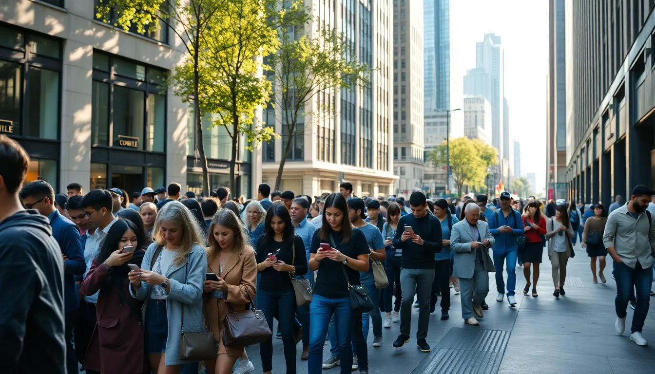 This image captures a vibrant urban scene where diverse individuals engage with their devices, showcasing the impact of 5G technology on daily life. Dappled sunlight filters through towering skyscrapers creating a lively atmosphere, while the shallow depth of field highlights the vibrant city life. Soft muted colors add a contemporary feel, with textured surfaces reflecting the innovative spirit of the city. The composition draws the viewer's eye through the bustling street towards the distant skyline.