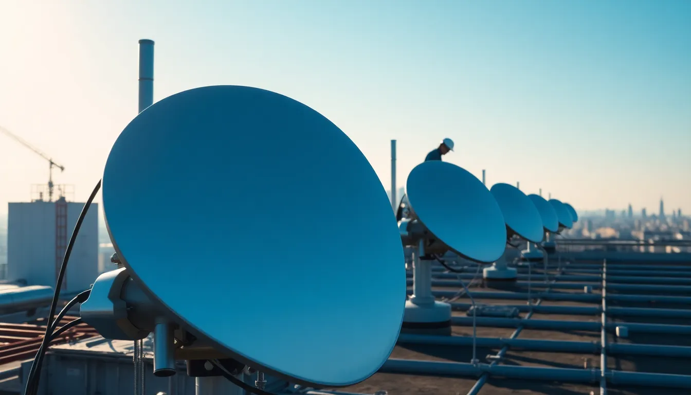 City Street with 5G Tower at Sunset