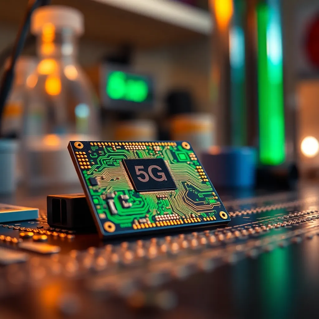 A macro shot of a 5G microchip in a high-tech laboratory under bright ambient light. The image captures intricate details of the chip with rich, saturated colors that highlight its metallic surface and complex circuitry. A shallow depth of field isolates the subject, creating a beautiful bokeh effect from the surrounding lab equipment. This prompt conveys the cutting-edge nature of 5G technology through detailed textures and colors.