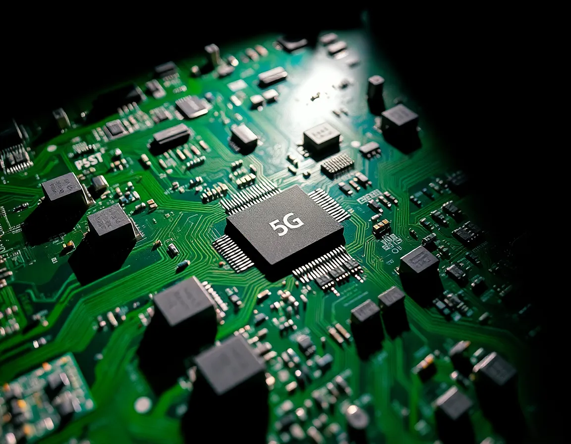 This highly detailed macro photograph reveals the intricate design of a circuit board equipped with advanced 5G chips. Studio lighting accentuates the vibrant colors and textures of the components, showcasing the cutting-edge technology within. The close-up perspective invites viewers to explore the intricate pathways and connections that enable modern communication. The dynamic composition enhances the visual impact, reflecting the sophistication of technological innovation.