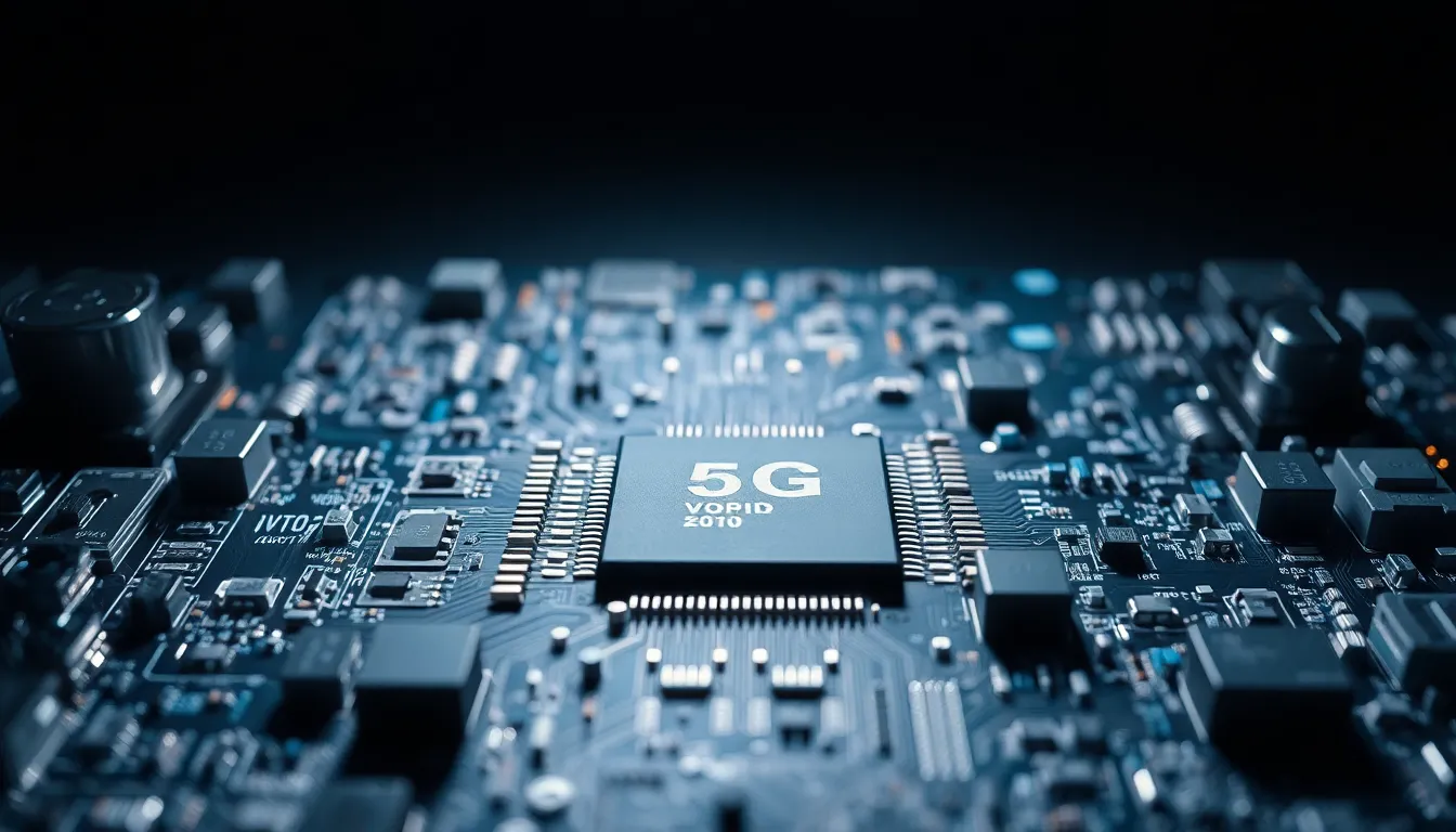 An intricate close-up of a circuit board featuring advanced 5G technology components, illuminated by dramatic studio lighting. The intricate details and metallic textures provide insight into the technological advancements shaping our connectivity future. The composition emphasizes symmetry, showcasing the meticulous craftsmanship in modern electronics and the vital role of 5G networks.