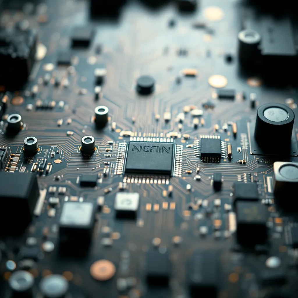 This close-up image presents an abstract perspective of a 5G circuit board, highlighting the intricate details of its components. Soft diffused daylight elegantly illuminates the surface, creating a sophisticated atmosphere. The shallow depth of field emphasizes the complexity of technology while maintaining a smooth bokeh in the background. Natural muted tones give a refined look, inviting viewers to appreciate the artistry in technology and innovation.