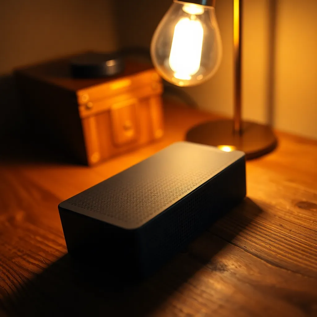 This intimate close-up captures a 5G modem resting on a rustic wooden desk, illuminated by the warm glow of a tungsten lamp. The rich textures of the modem and the natural wood grain create a compelling visual contrast. The shallow depth of field enhances the focus on the modem's intricate design, evoking a sense of innovation in a cozy setting.