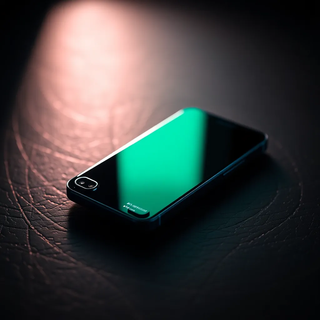 This striking macro image focuses on a modern smartphone, elegantly showcasing its 5G capabilities. The three-point studio lighting emphasizes the device's sleek design and intricate textures, while the shallow depth of field keeps it sharply in focus. Rich greens and deep blacks in the color palette draw attention to the technology, creating a visually appealing contrast. The composition employs the rule of thirds, ensuring the smartphone is the focal point against a textured dark surface, making it a perfect representation of cutting-edge technology in handheld devices.