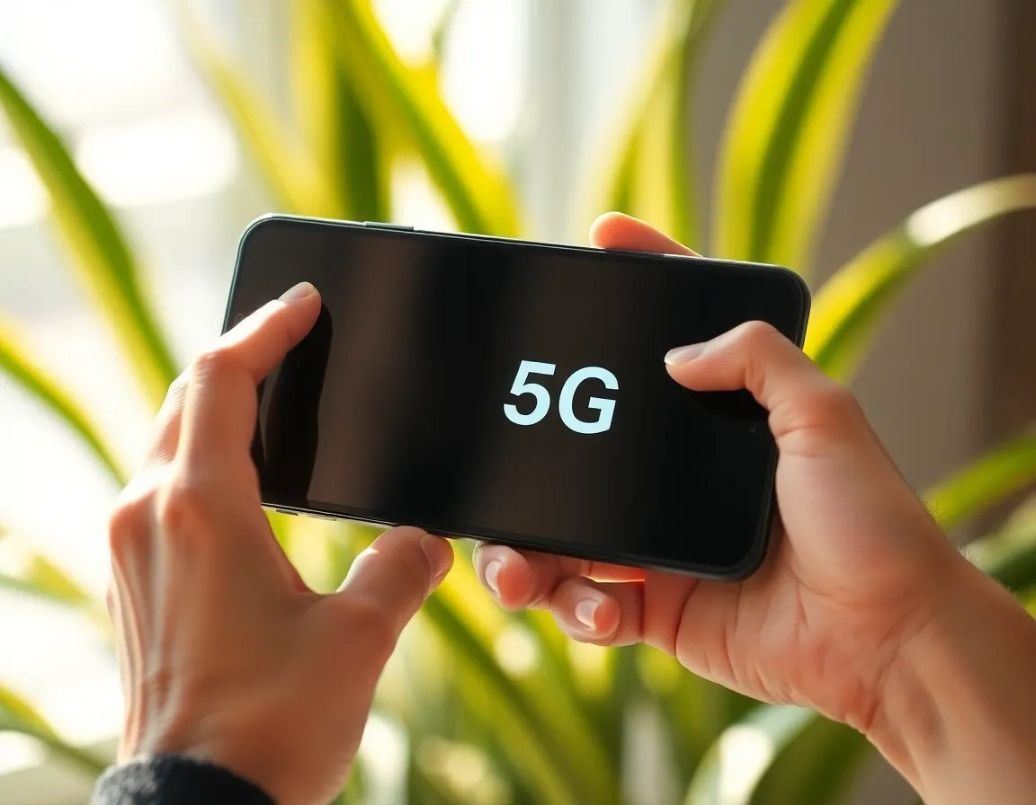 Close-Up of Smartphone Showing 5G Connectivity This image features an intimate close-up of a hand gripping a sleek smartphone that prominently displays its 5G connectivity. Natural diffused daylight highlights the device's screen, while a shallow depth of field creates a dreamy background filled with lush green plants. The warm skin tones and soft textures of the hand add a human touch to the scene, conveying a sense of connection between people and technology. The centered composition invites viewers to engage with the innovation represented by the smartphone.