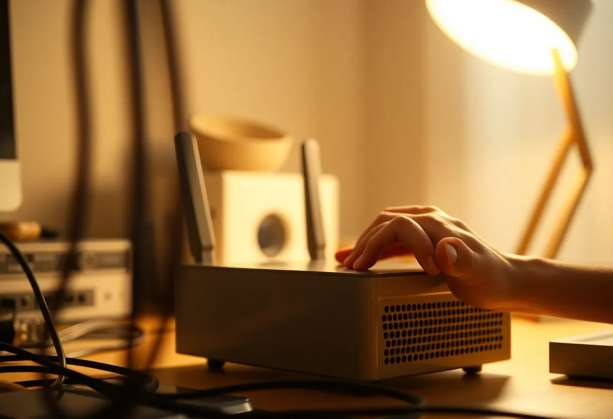 The image depicts a close-up view of a hand skillfully adjusting a sleek 5G router on a contemporary desk. Warm tungsten light highlights the device’s refined texture, enhancing its modern appeal. The overall scene conveys a sense of technological intimacy, inviting viewers into the everyday interactions with advanced communications technology.
