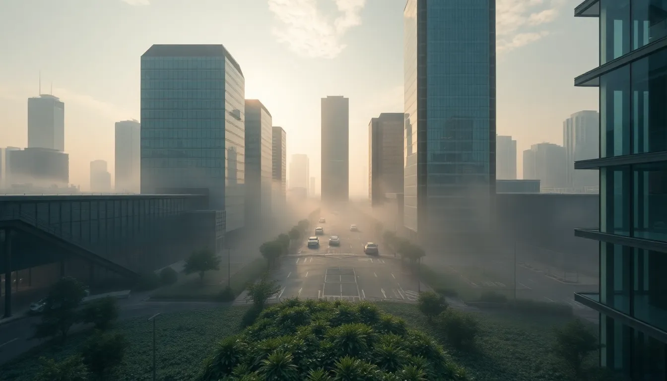 This breathtaking image presents a futuristic cityscape, with seamless integration of 5G infrastructure. Soft morning dew and mist filter natural light, creating an ethereal ambiance that enhances the harmony between urban development and nature. The clarity from foreground to background showcases the intricate details of glass and concrete alongside lush greenery. The desaturated earth tones with tech-inspired blue accents create visual contrast, making this photograph an impressive representation of technology enhancing urban living. Its centered symmetrical composition reinforces the balance achieved.