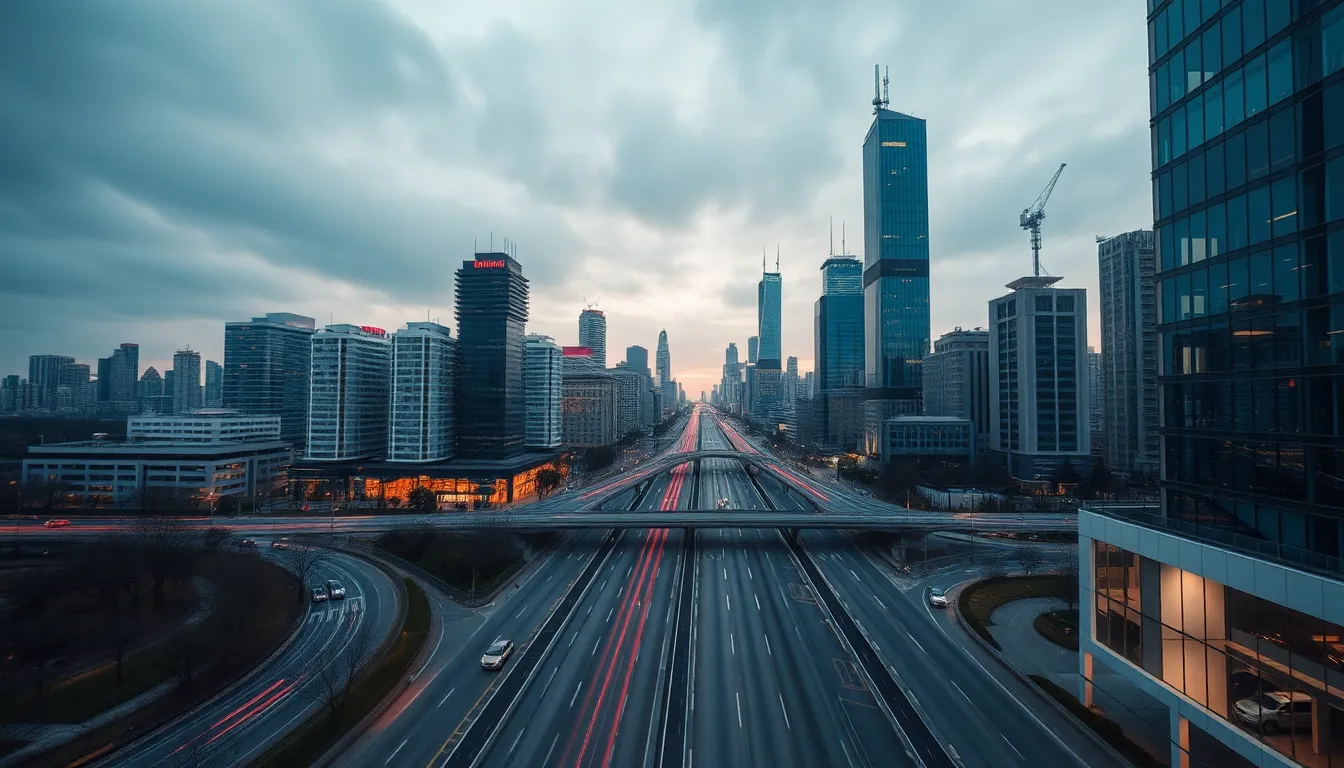 Futuristic Cityscape Featuring Integrated 5G Antennas This breathtaking image captures a futuristic cityscape at twilight, where advanced 5G antennas are seamlessly integrated into the architectural designs. The overcast soft light creates an even illumination, enhancing the details of both the buildings and the busy environment below. The hyperfocal distance ensures that every aspect of the scene is in sharp focus, showcasing the blend of technology and urban living. The muted tones, accented by vibrant emerging city lights, contribute to an atmosphere of innovation and progress.
