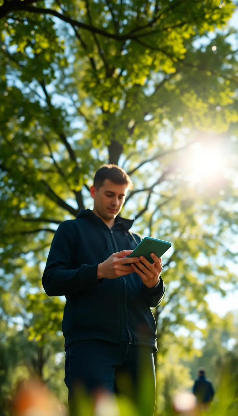 A captivating image of a person engaging with a 5G-enabled device while surrounded by nature. The dappled sunlight filters through the tree canopy, creating enchanting bokeh highlights. The vivid color palette bursts with saturation, providing a lively contrast against the soft greens of the foliage. The dynamic Dutch angle composition conveys a sense of exploration and connectivity.