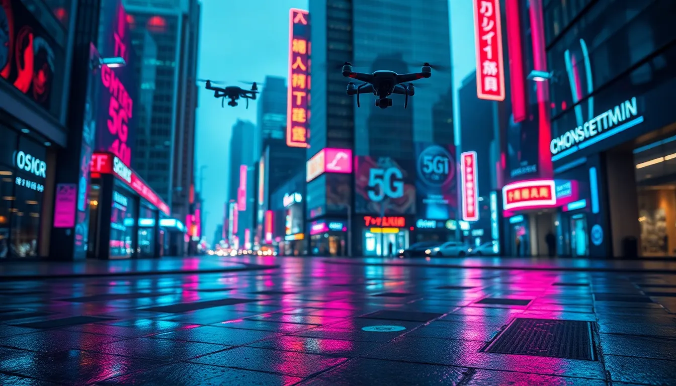 In this dynamic scene, a futuristic cityscape is brought to life with flying drones and visible 5G network indicators. The neon reflections on the wet pavement create a vibrant atmosphere, enhanced by cinematic color grading that gives the image an edgy feel. A Dutch angle composition adds to the sense of movement and innovation, emphasizing the convergence of technology and urban life. The glossy surfaces of the buildings reflect the colors beautifully, inviting viewers into this high-tech world.