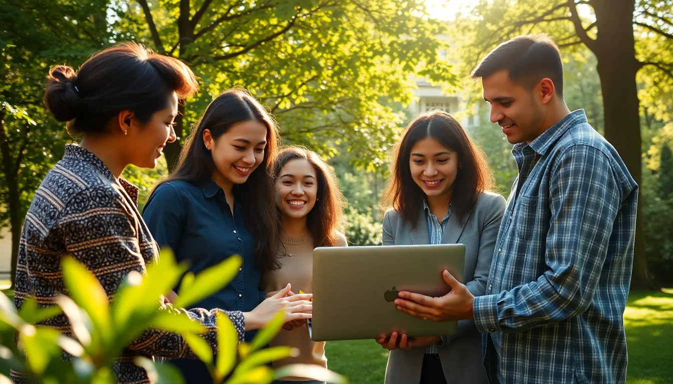 A vibrant scene of diverse professionals collaborating in a sun-dappled park, gathered around a laptop displaying a cutting-edge 5G networking application. The warm sunlight enhances the inviting atmosphere, while the lush greenery creates a refreshing backdrop. This image captures the essence of innovation and teamwork, emphasizing the role of technology in modern collaboration.