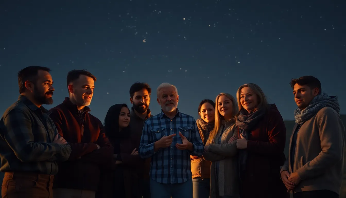 Under a stunning starry sky, a diverse group of individuals gathers around a firelight to discuss their 5G project. The warm glow creates an intimate atmosphere, allowing natural skin textures to shine through. This image captures the essence of teamwork and innovation, reinforcing the relevance of 5G technology in collaborative environments.