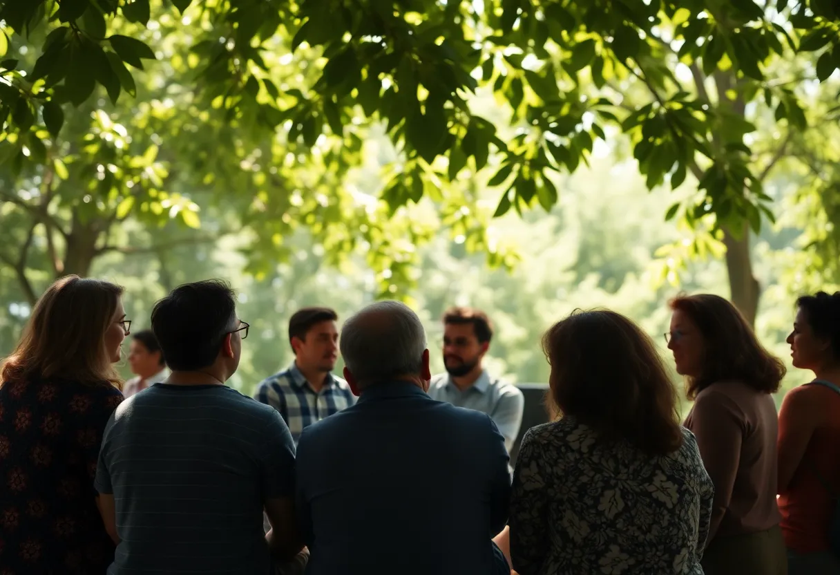 This image captures a diverse group of individuals deeply engrossed in a discussion about 5G technology amidst a natural setting. The dappled sunlight peeking through the leaves creates an inviting and warm environment. The composition effectively places the group with soft bokeh in the background, emphasizing both the topic of conversation and the beauty of the natural surroundings.