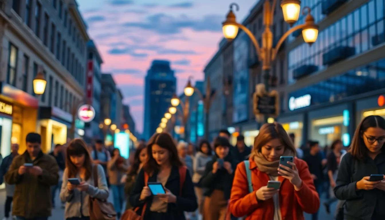 A lively street scene during twilight, showcasing diverse individuals engaging with 5G-enabled devices. The warm glow from street lamps contrasts beautifully with the cool twilight sky, creating an inviting atmosphere. The dynamic composition captures movement and interaction, highlighting the impact of technology on daily life in an urban environment.