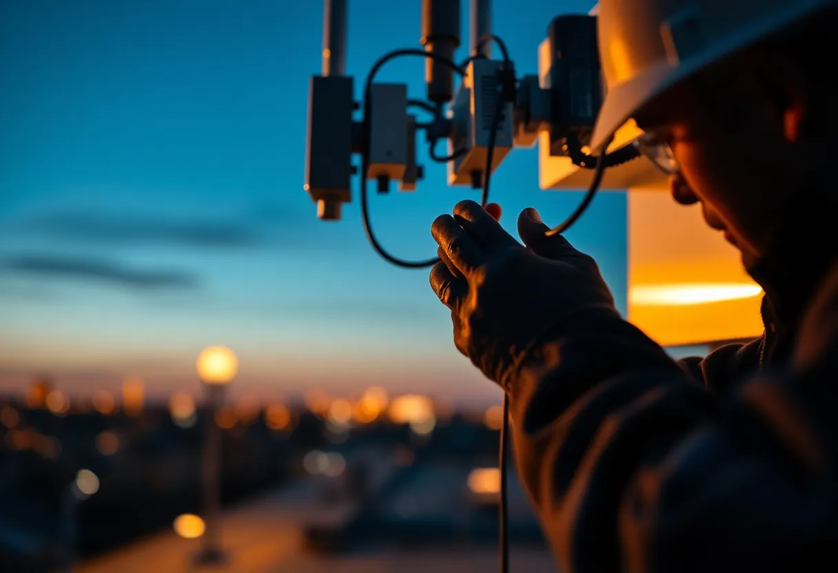 Aerial View of City with 5G Stations