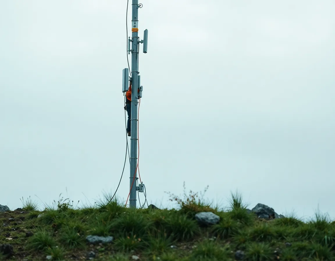 This striking panoramic image showcases a city skyline adorned with 5G antennas atop modern buildings under a twilight sky. As the sun sets, the deep blue and purple hues blend with the warm lights of the city, creating an atmosphere of technological advancement. The detailed architecture stands sharp against the blurred urban backdrop, with leading lines guiding the viewer's eye towards the horizon, epitomizing the modernization of urban landscapes through 5G networks.