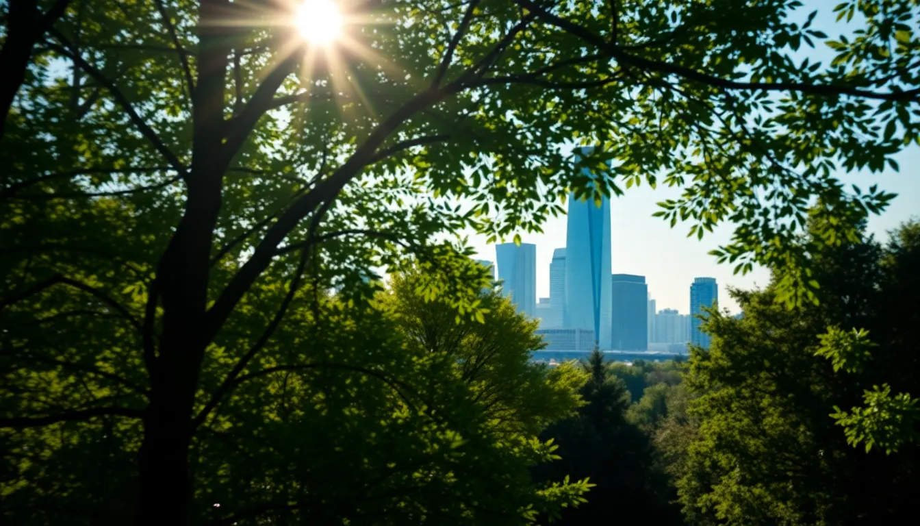 This dynamic cityscape image showcases a vibrant skyline filled with modern glass buildings, all integrated with 5G technology. Lush greenery in the foreground leads the viewer's eye towards the urban landscape. Dappled sunlight creates a beautiful interplay of light and shadow, while the saturated colors reflect a hopeful vision of a connected future.