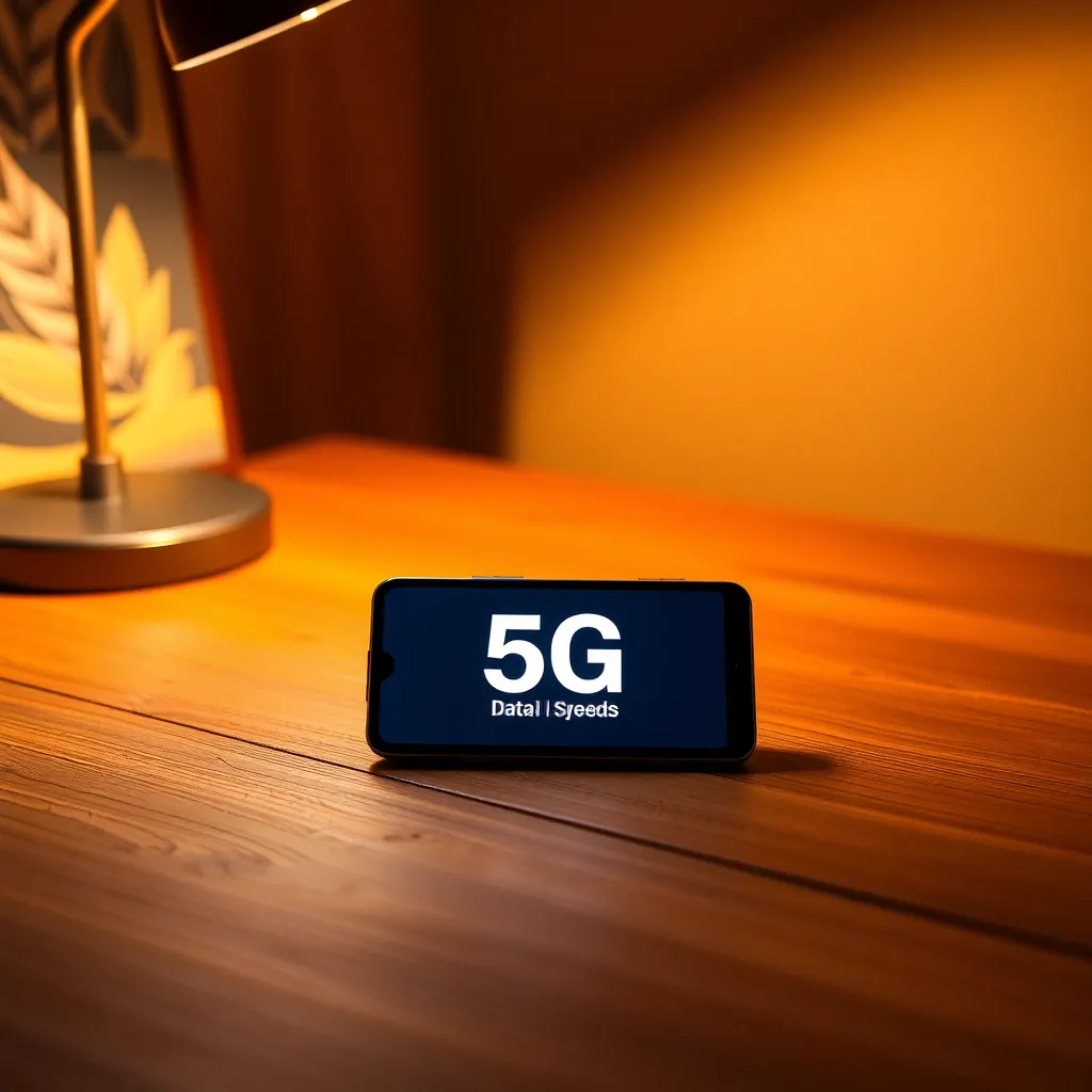 An artistic close-up of a mobile device displaying impressive 5G data speeds, illuminated by the warm glow of a tungsten lamp. The selective focus emphasizes the device against a richly detailed wooden tabletop, creating a warm and inviting mood. The vibrant colors of the scene are enhanced by a Kodak Portra 400-inspired palette.