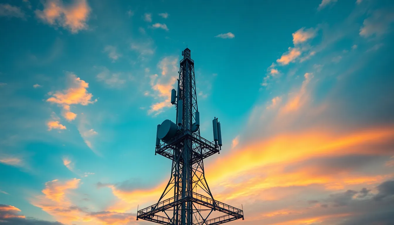 This striking landscape image portrays a towering cellular structure against a colorful sunset sky. The cinematic teal and orange palette enhances the technological theme, while the sharp details of the metal surface contrast beautifully with the soft, wispy clouds. The symmetrical composition emphasizes the towering structure, highlighting its significance in urban connectivity.
