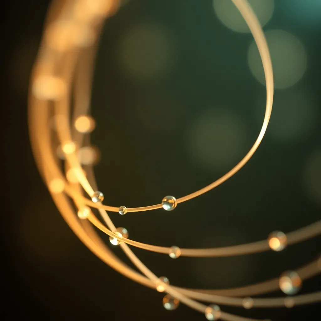 Close-Up of Fiber Optic Cable with Water Droplets This striking close-up reveals the intricate details of a fiber optic cable adorned with glistening water droplets. Soft studio lighting enhances the smooth textures and highlights the cable's curves, creating a visually captivating image. The shallow depth of field draws attention directly to the fiber strands, while the warm color palette adds a sense of depth and professionalism. This composition not only showcases technology but also aesthetic beauty.