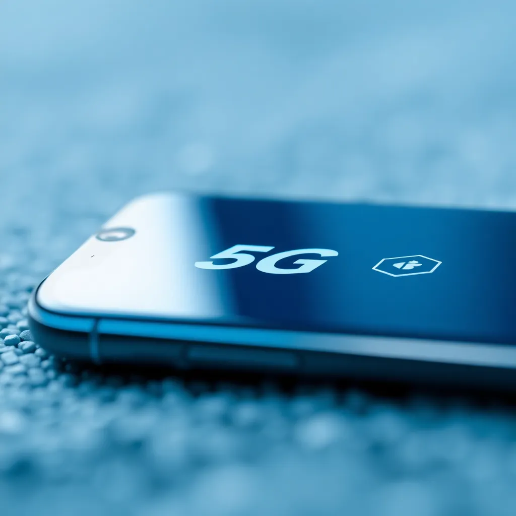 This captivating macro image showcases a smartphone displaying connectivity icons, symbolizing the power of 5G networks. The soft, diffused lighting emphasizes the sleek design of the device, while the shallow depth of field draws focus to the intricate details on the screen. The cool color palette enhances the modern aesthetic, making this image ideal for tech-related themes.