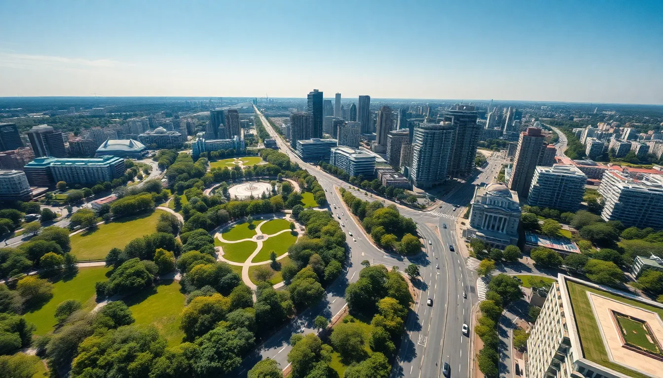 This dynamic aerial view captures a thriving smart city infused with 5G technology, showcasing the harmonious blend of urban architecture and green spaces. Bright midday sunlight creates sharp contrasts and pronounced shadows, enhancing the details across the cityscape. A vibrant color palette highlights the lush greens of parks against the cool tones of the buildings, while leading lines from roads guide the viewer's eye throughout the scene. This composition illustrates how technology and nature coexist in modern urban environments.