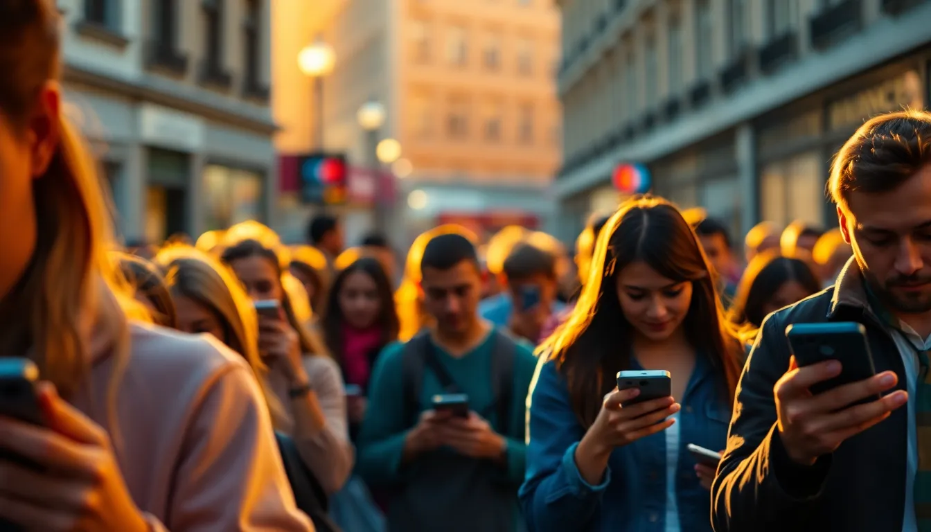 Urban Street Scene with 5G Connectivity This dynamic street scene captures the buzz of urban life, highlighting individuals using smartphones powered by 5G technology. Warm golden hour light bathes the environment, creating inviting shadows and illuminating faces. The soft focus on the foreground emphasizes the interactions while the blurred urban backdrop adds depth. The vibrant color grading enhances the lively atmosphere, showcasing the integration of technology in daily life.