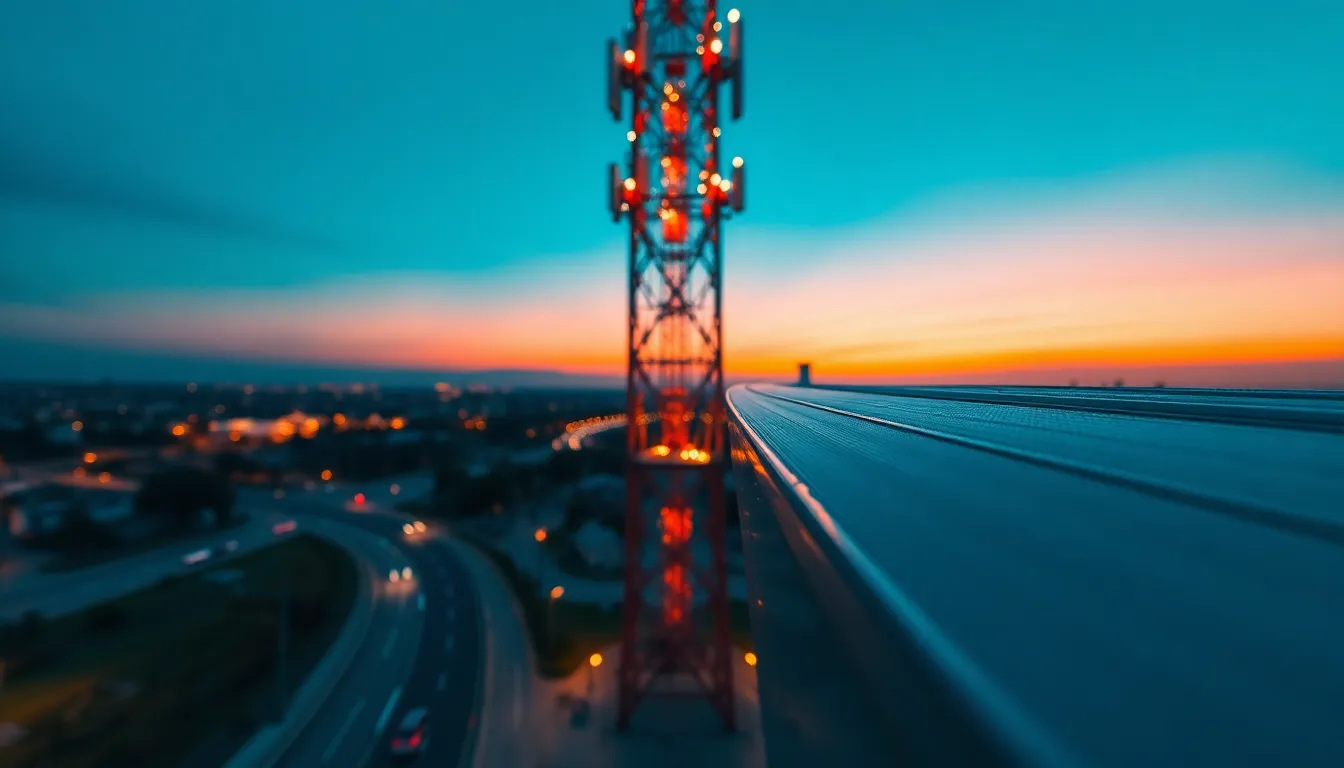 A striking image of a modern telecommunications tower illuminated during the blue hour. The elegant lines of the tower are enhanced by the warm glow of LED lights, contrasting beautifully with the cool sky. The composition utilizes leading lines from the surrounding roads to draw the viewer's eye. Textured metal panels reflect soft highlights, emphasizing the high-tech atmosphere of the 5G network environment.