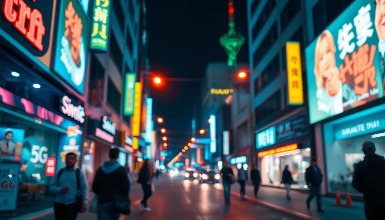 An engaging night scene showcasing city pedestrians under vibrant neon lights, with 5G signal towers in the background. The image evokes a lively urban atmosphere enhanced by cinematic color grading. Shallow depth of field creates a stunning bokeh effect, emphasizing the energy around. This vibrant portrayal of 5G technology in an urban setting captures the intersection of technology and daily life.