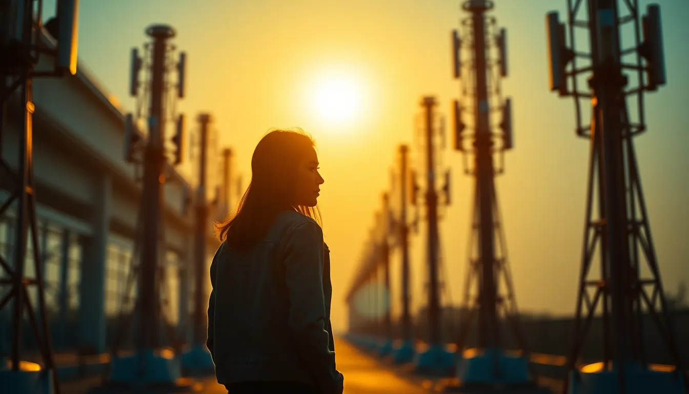 A striking image of a person standing confidently among tall, futuristic antenna systems during golden hour. The warm light creates a beautiful contrast against the sleek metal surfaces, while a shallow depth of field adds focus to the subject. Delicate bokeh enhances the sense of depth. The teal and orange color grading evokes a modern, technologically advanced atmosphere.