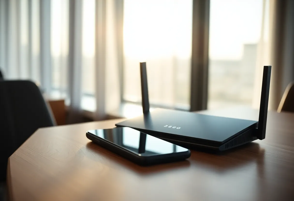 5G Router and Smartphone in Modern Office This image showcases a sleek 5G router alongside a smartphone set on a polished wooden table, illuminated by soft morning light filtering through the office window. The composition emphasizes the modernity of the technology with the router positioned strategically in the frame. Soft textures of the wood contrast with the smooth metallic surfaces of the devices, creating a balanced and inviting workspace atmosphere. Natural muted tones enhance the calm yet innovative environment.