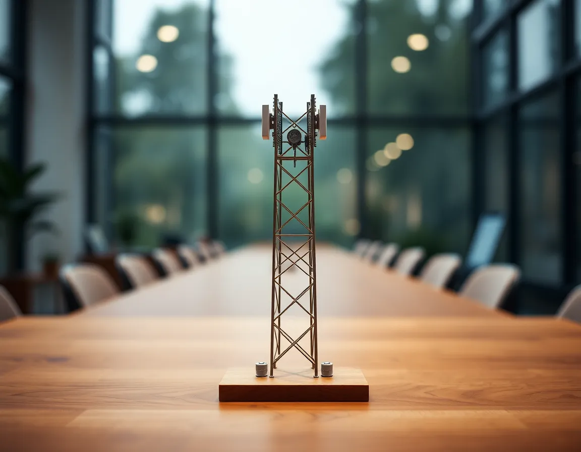 In this serene office setup, a detailed model of a 5G cell tower sits prominently on a wooden desk. The soft, diffused light from the overcast sky filters through large windows, creating a calm mood. The image's focus draws attention to the model’s intricate design while blurring the surroundings, emphasizing the innovative nature of 5G technology.