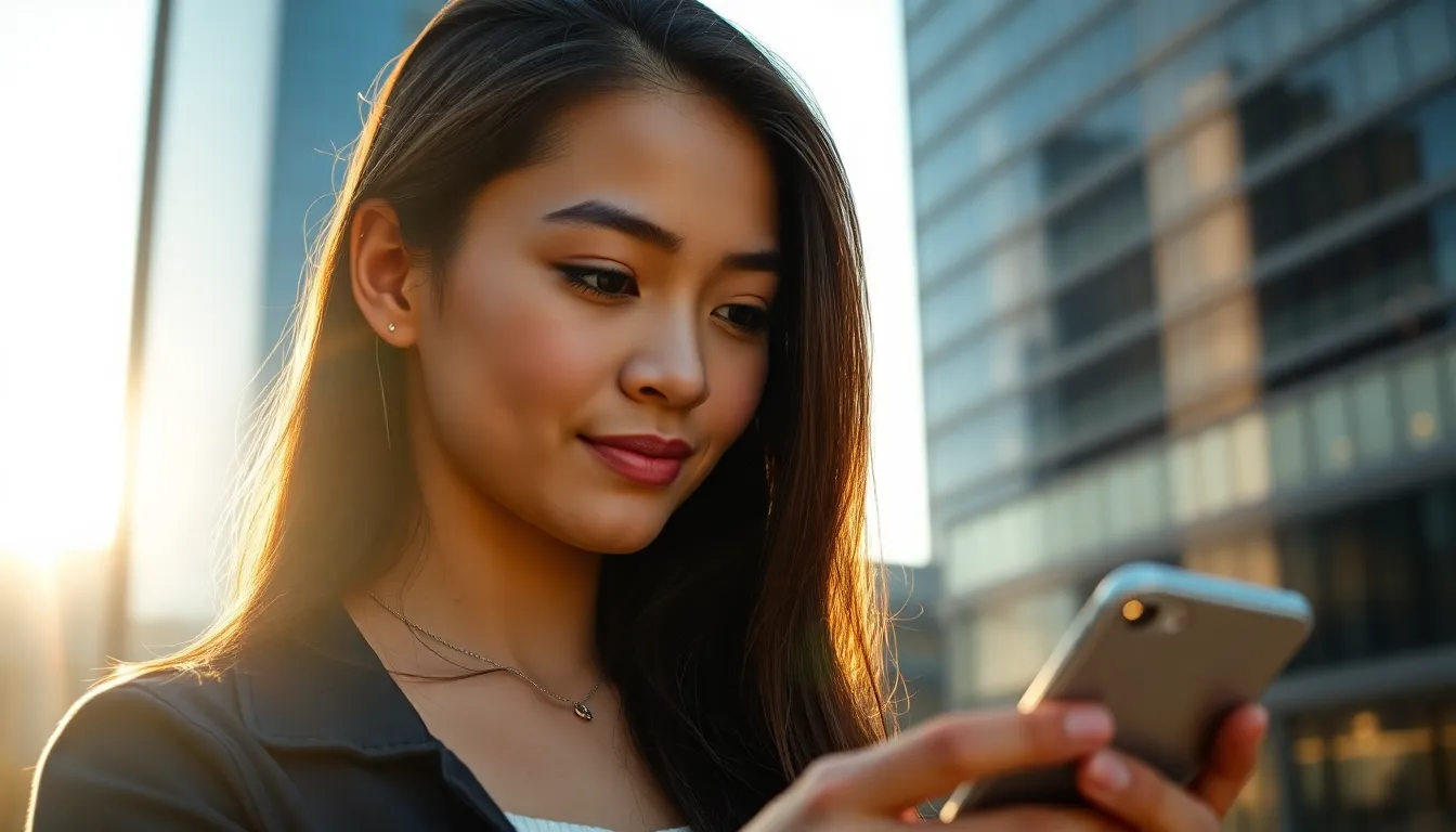 This photorealistic image features a young woman immersed in her smartphone against a backdrop of urban skyscrapers during golden hour. The warm sunlight casts soft shadows on her face, highlighting her expressions of concentration. The blurred background creates a calming bokeh effect that draws focus to her. This scene perfectly encapsulates the fusion of technology and daily life in a modern city.